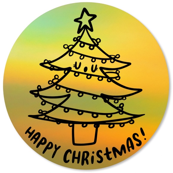 Holographic Happy Christmas Stickers • Holiday Tree Packaging Labels • 2 Inch - Picture 7 of 8